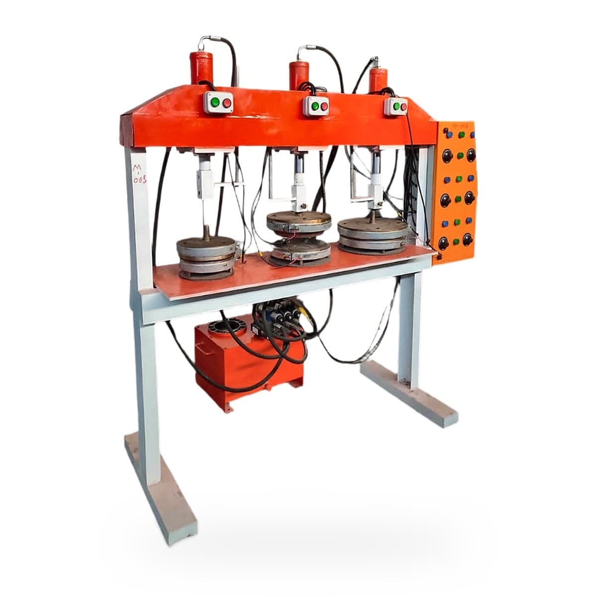 3 die hydraulic paper plate and areca plate machine with three red cylinders, three die sets and a side control panel