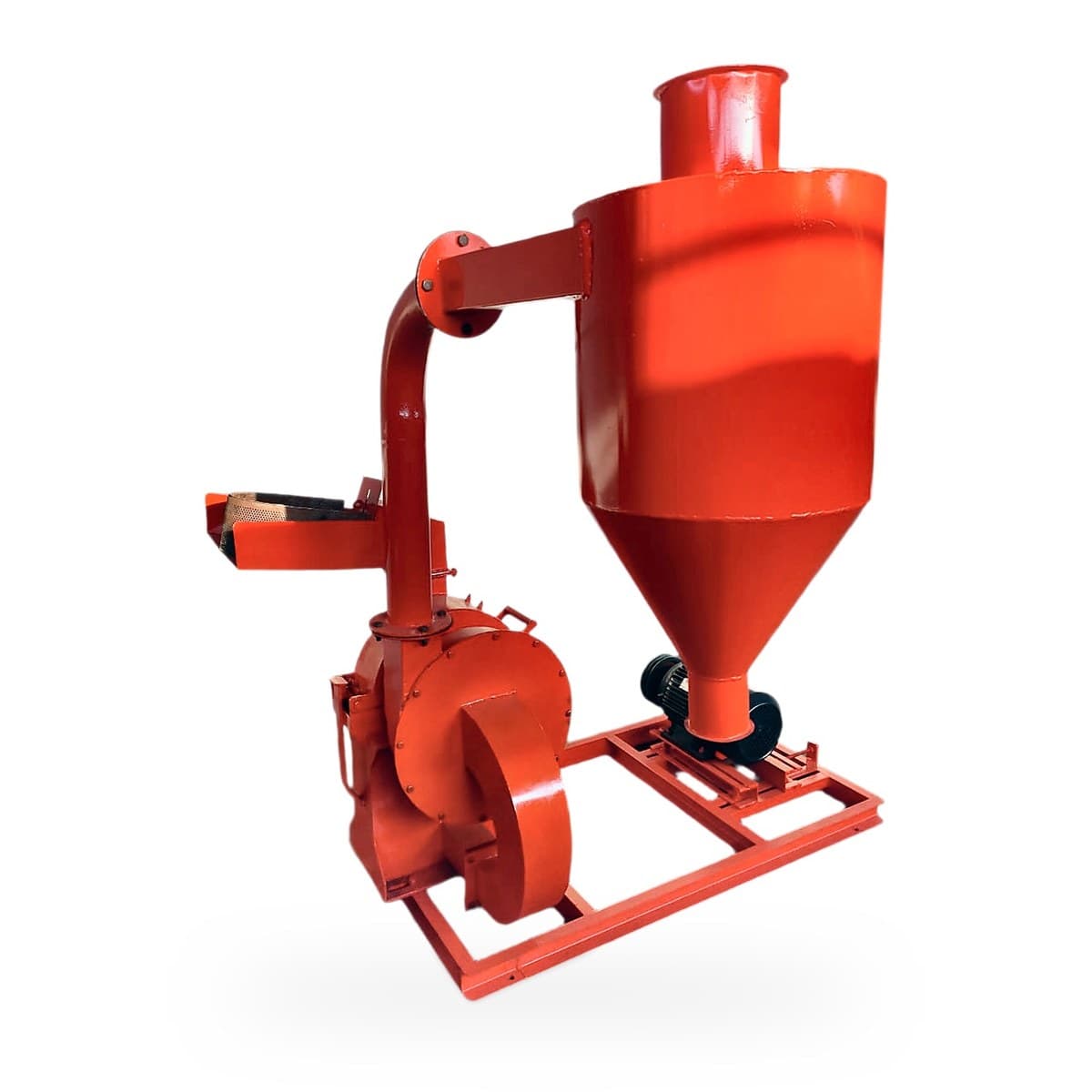 Orange 5 HP cyclone type double chamber pulverizer with feed tray, grinding chamber, duct and large cyclone on a steel base frame
