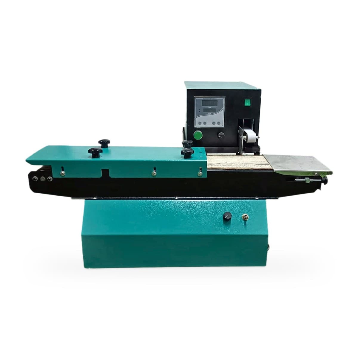 Automatic long cotton wick making machine with teal MS body, long feed bed, control box with digital display and stainless outfeed tray