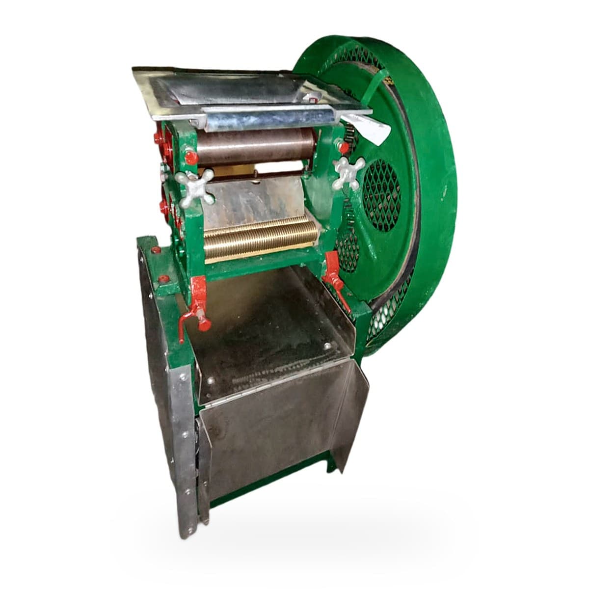 Mini noodle making machine with green cast frame, smooth sheeting rollers, grooved cutting roller, cross handles for the roller gap, guarded flywheel and stainless trays