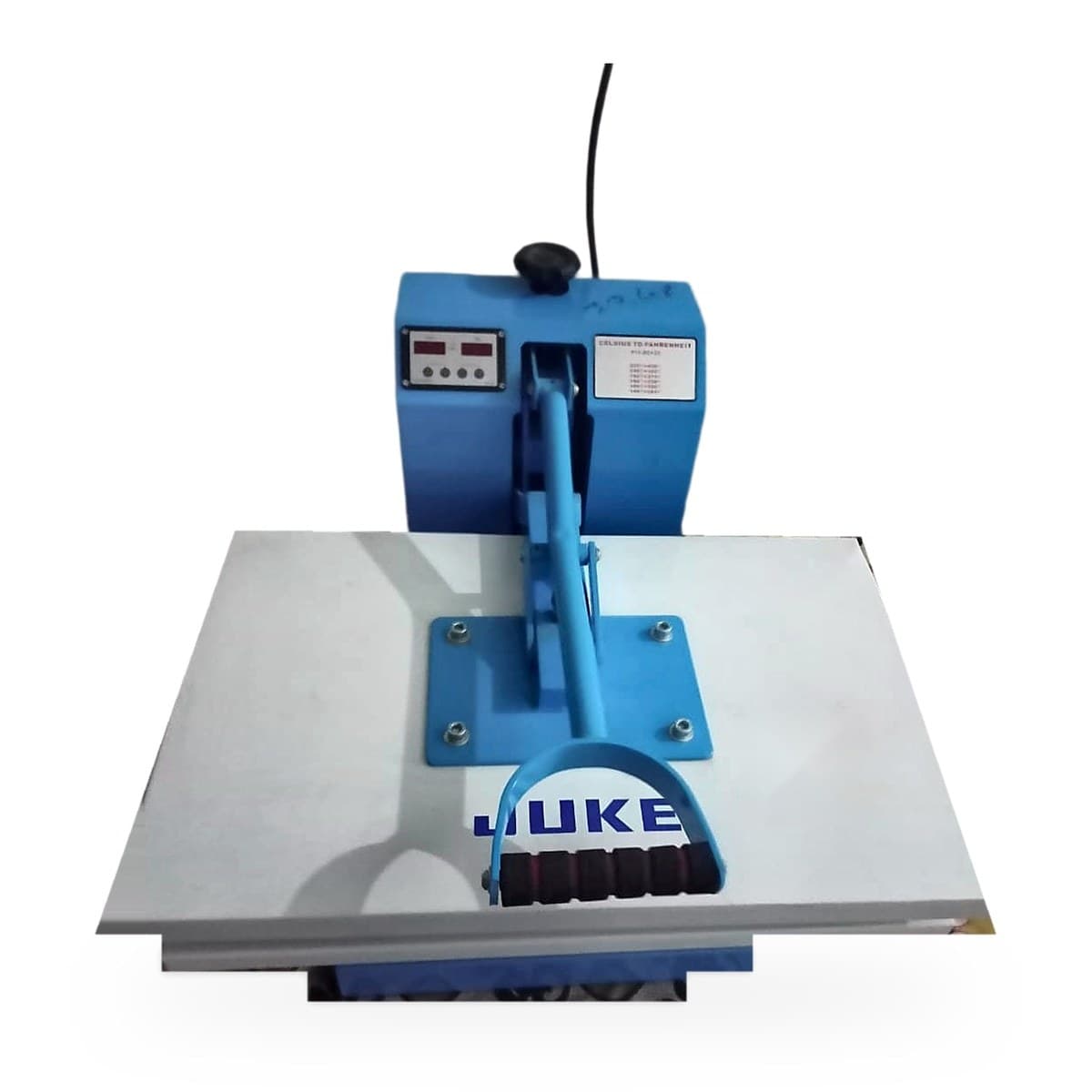 Scrubber blister packing machine with blue body, digital temperature and time controller, long handle and large white sealing plate