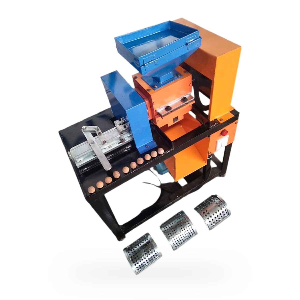 Supari cutting machine on a black MS table frame with blue feed hopper, orange cutting chamber and motor housing, and three perforated sieve drums in front