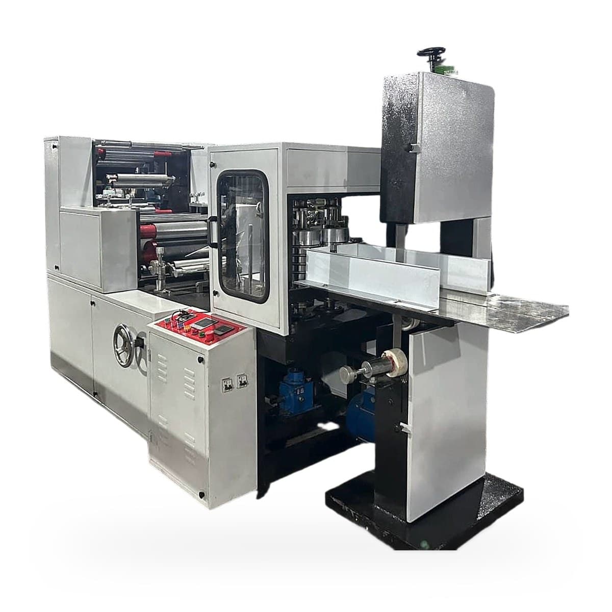 Tissue napkin making machine with roll unwind section, glass-door folding unit, control panel and output table