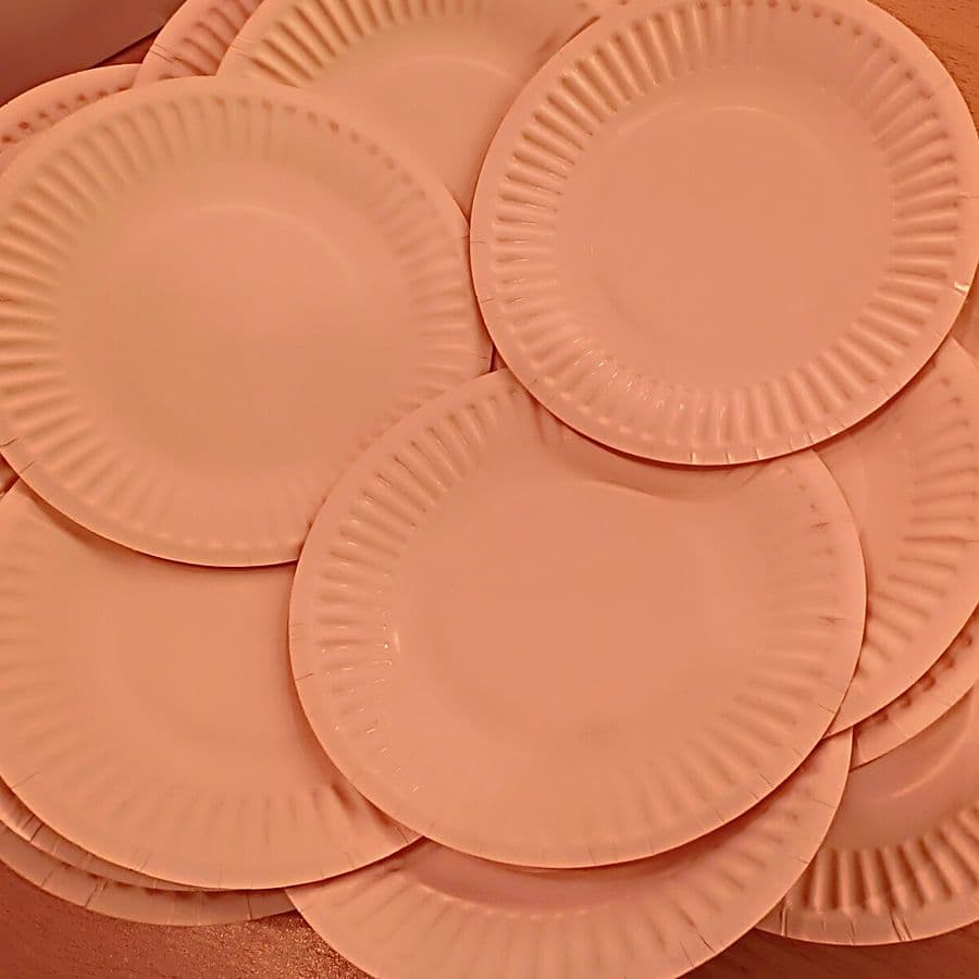Coloured paper plates fanned out on a table